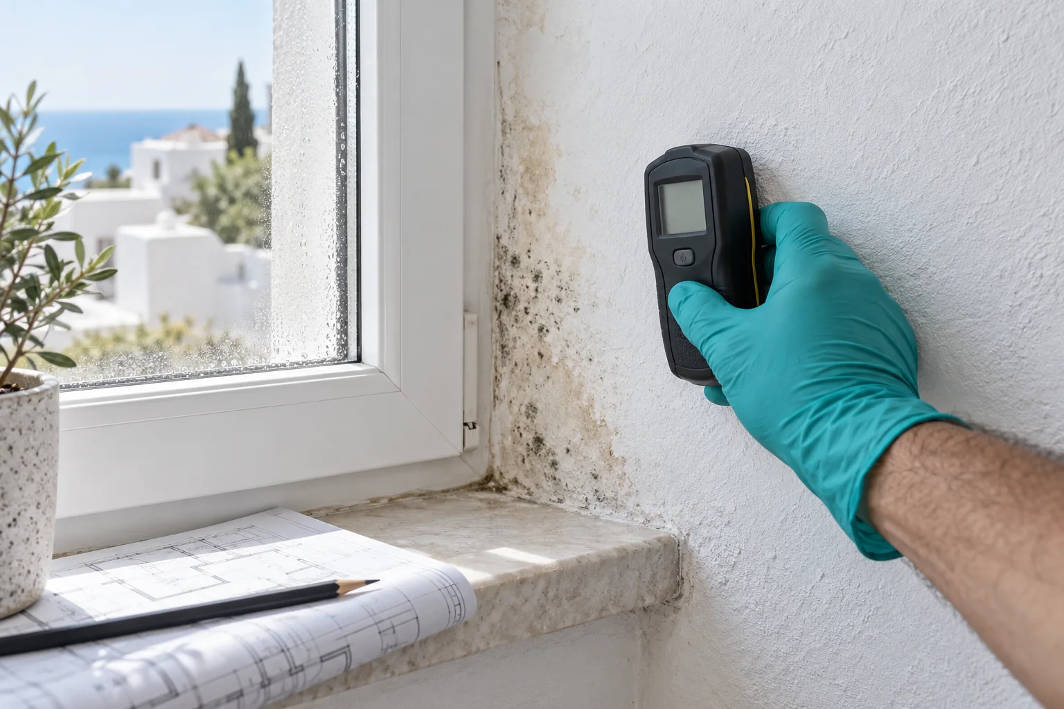 Illustrative close-up of a moisture meter at a window reveal